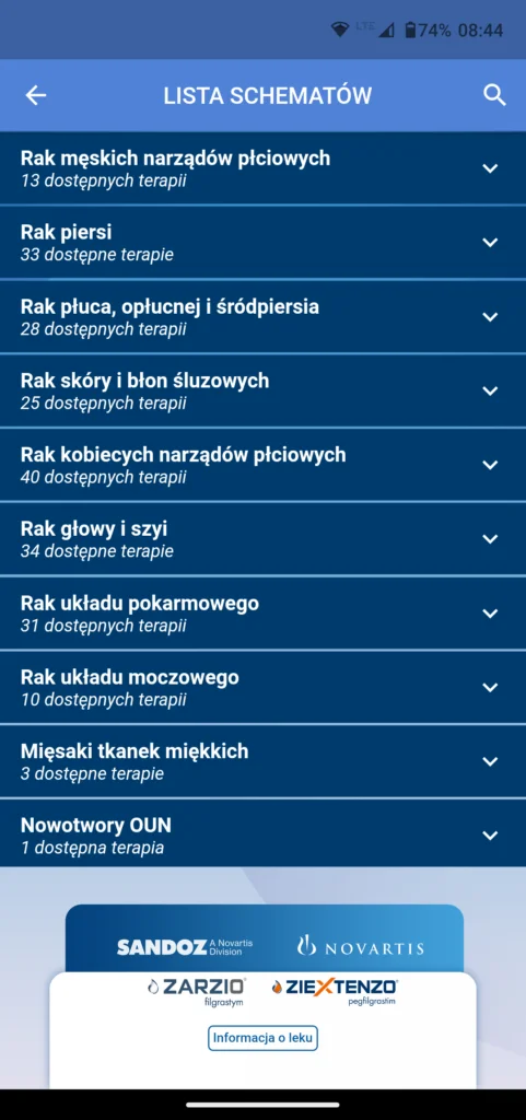 Ekran schematów leczenia w aplikacji mobilnej po rebrandingu