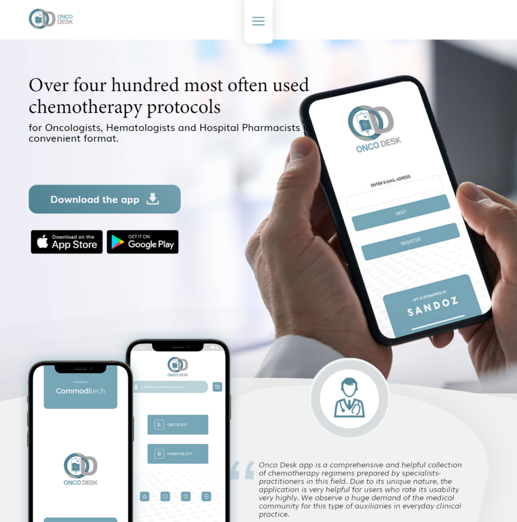 Pantalla de bienvenida y página de aterrizaje de la aplicación médica My Onco App