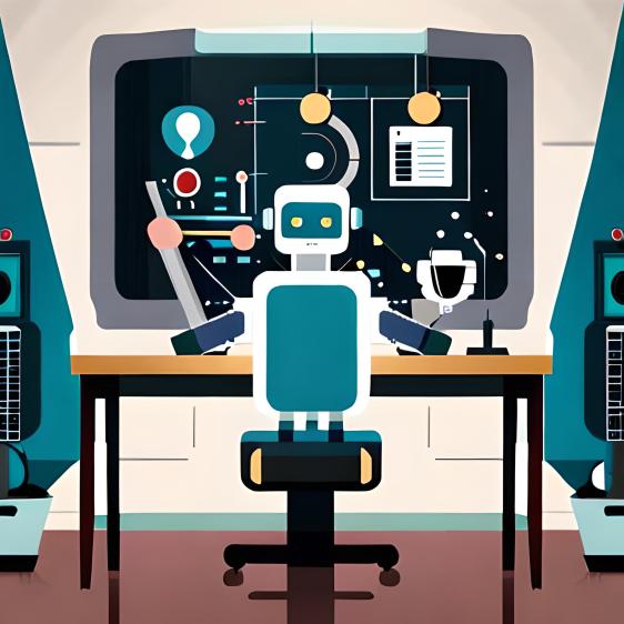 Cartoon of robot sitting by monitor with dashboard